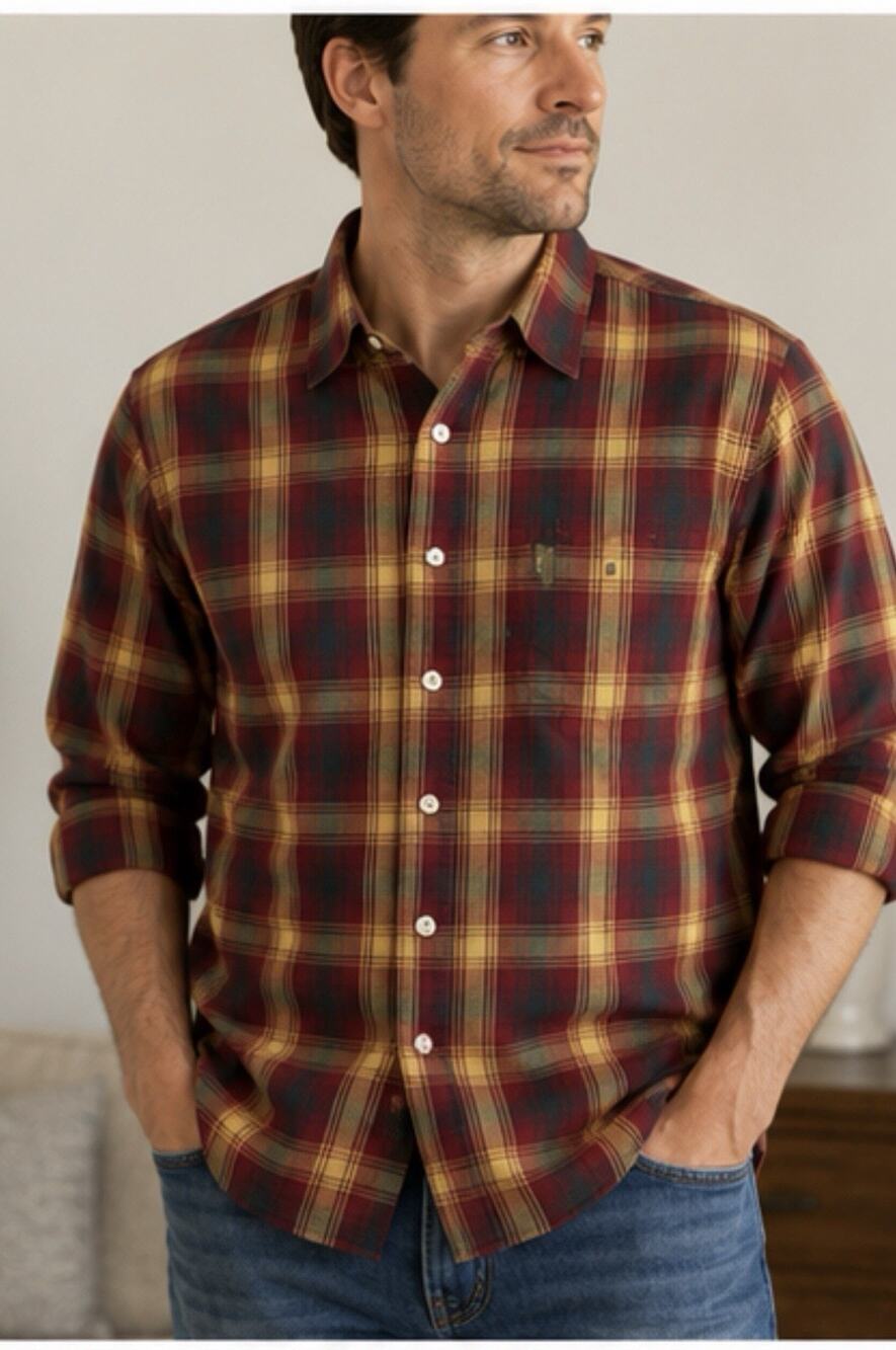 Columbia Men’s Medium Plaid Button Front Long Sleeve Shirt Red Tan Outdoor